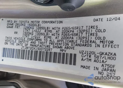 2005 Lexus Gx 470 z USA, uszkodzony, nr VIN JTJBT20X150072287